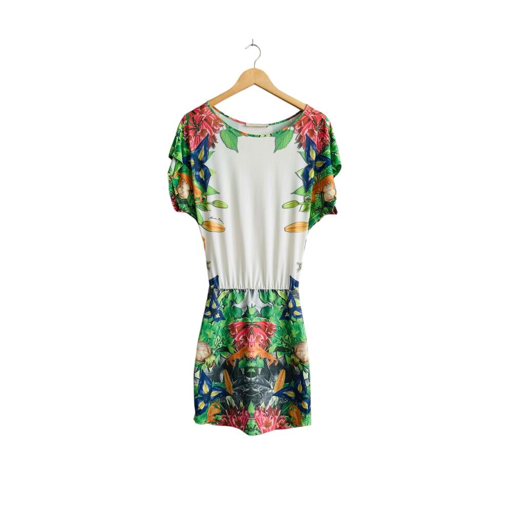 Morena Rosa Brazilian Tropical Floral Printed Logo Blouson Short Sleeve Dress XS